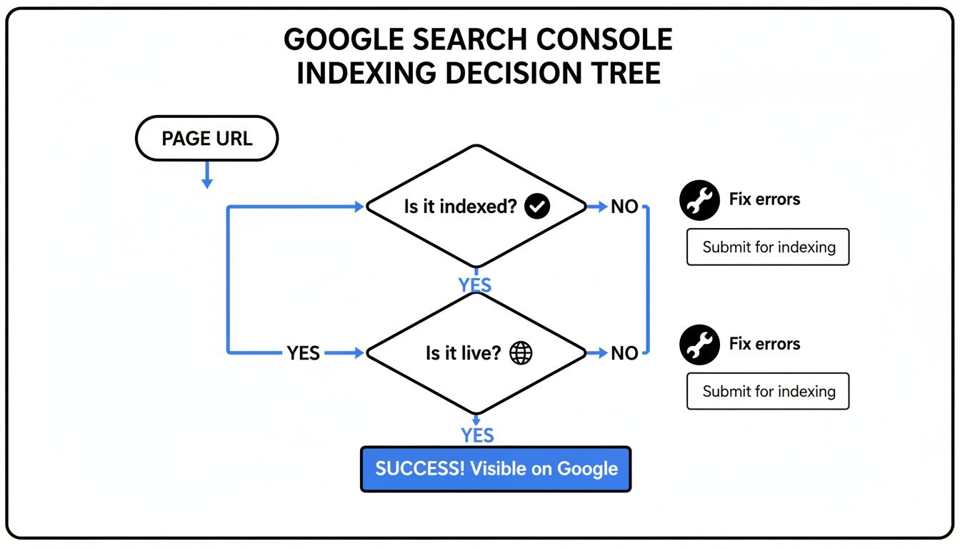 Decision tree for Google Search Console indexing, guiding users to check and fix page visibility.