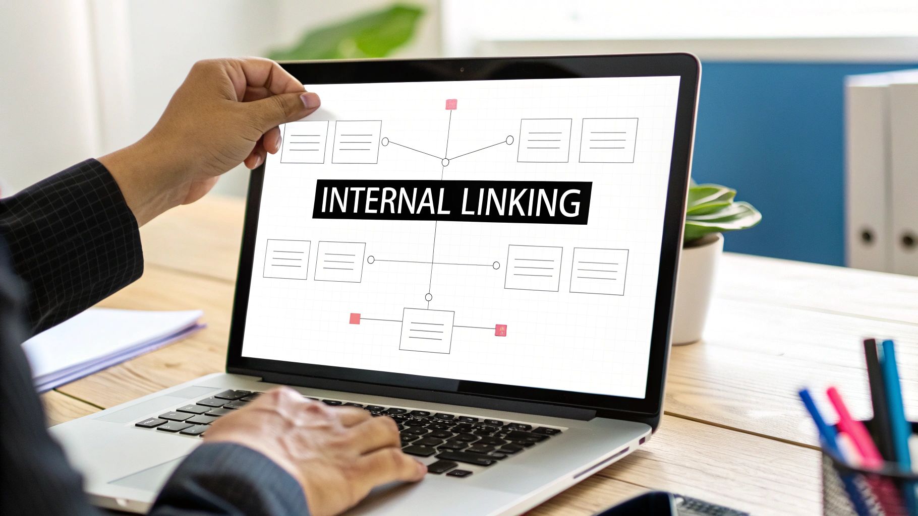 A person works on a laptop displaying an 'Internal Linking' diagram for an SEO strategy.