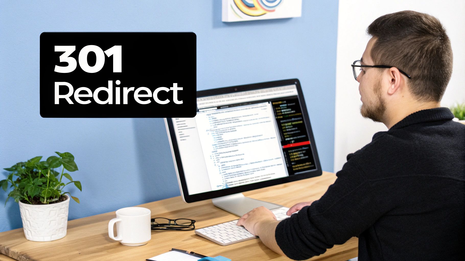 A developer working at a computer, with a black sign displaying '301 Redirect' in the foreground.