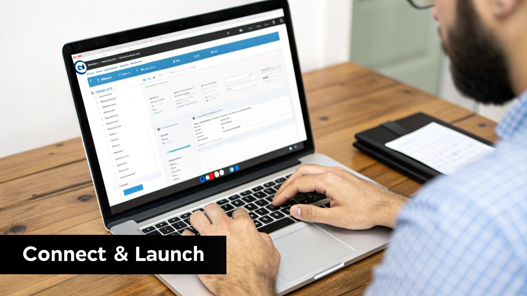A person typing on a laptop, displaying a web interface on a wooden desk with a folder.