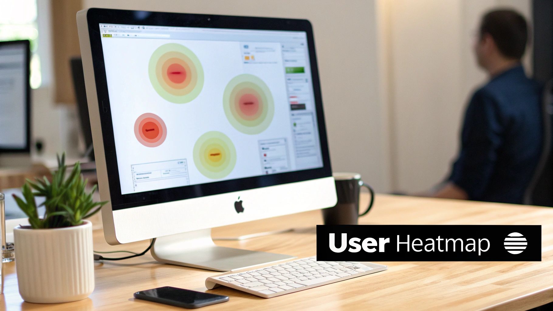 An Apple iMac on a wooden desk displaying a user heatmap, with a keyboard, phone, and plant.