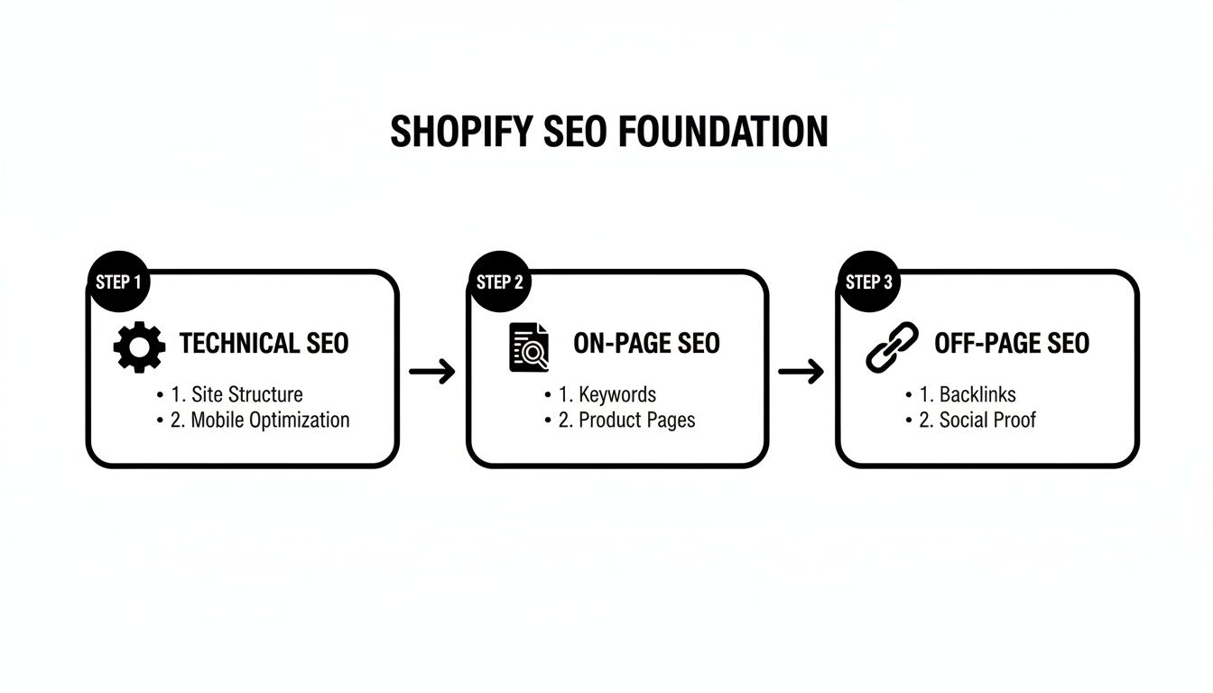Infographic illustrating the three foundational steps for Shopify SEO: Technical, On-Page, and Off-Page.