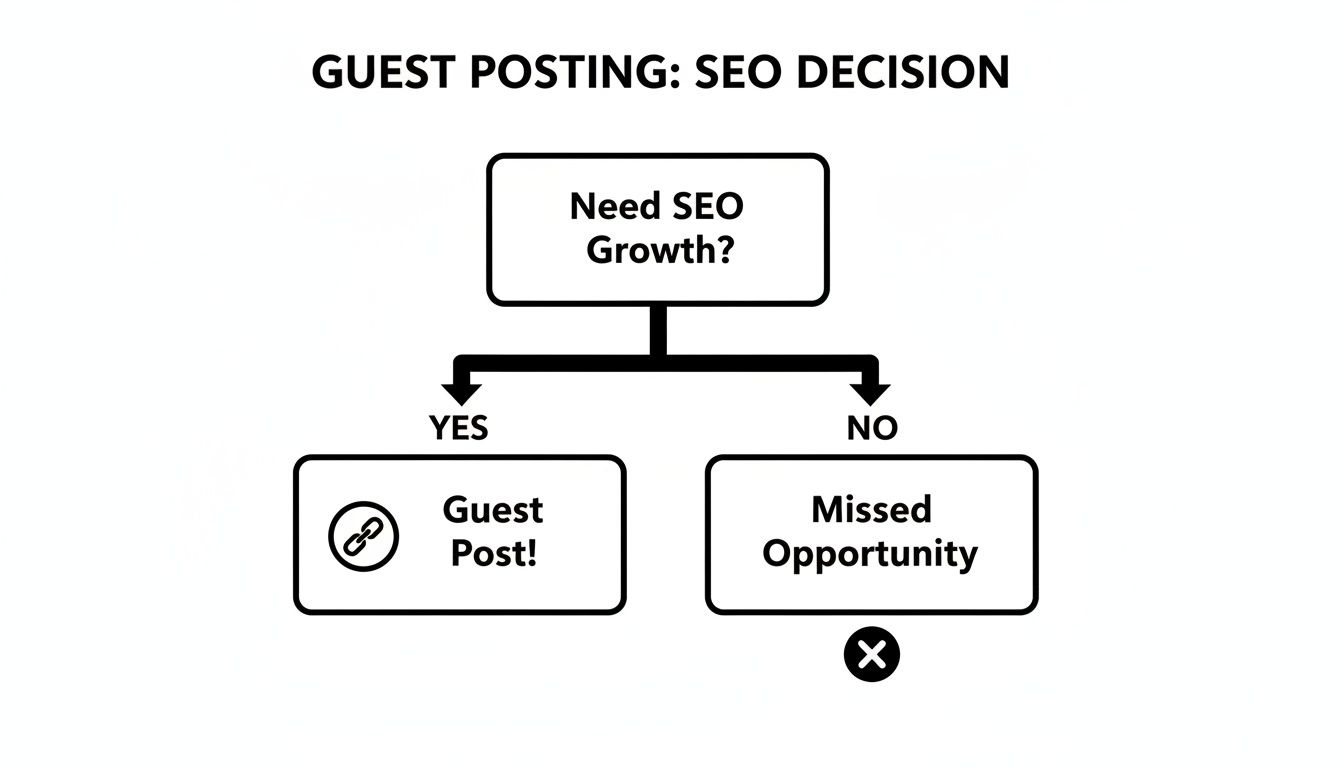 Flowchart illustrating the decision to guest post for SEO growth, leading to 'Guest Post!' or 'Missed Opportunity'.