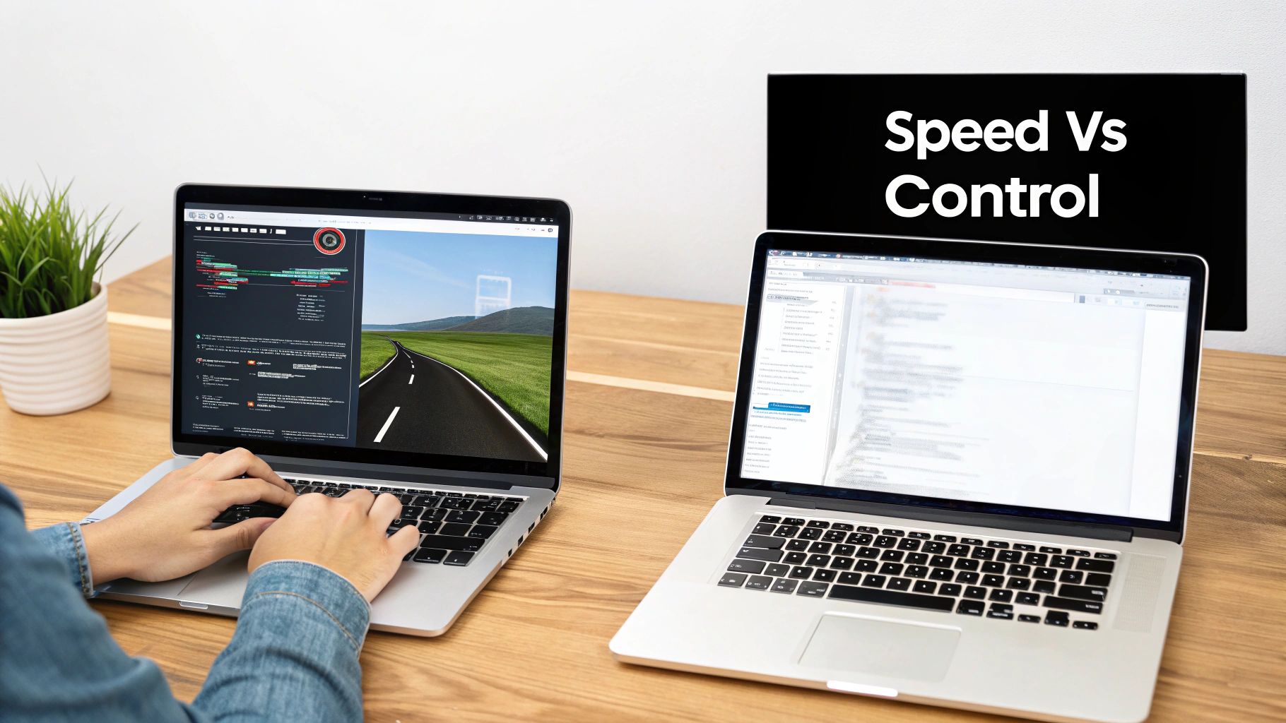 A person types on a laptop next to another laptop, with 'Speed Vs Control' on a monitor.