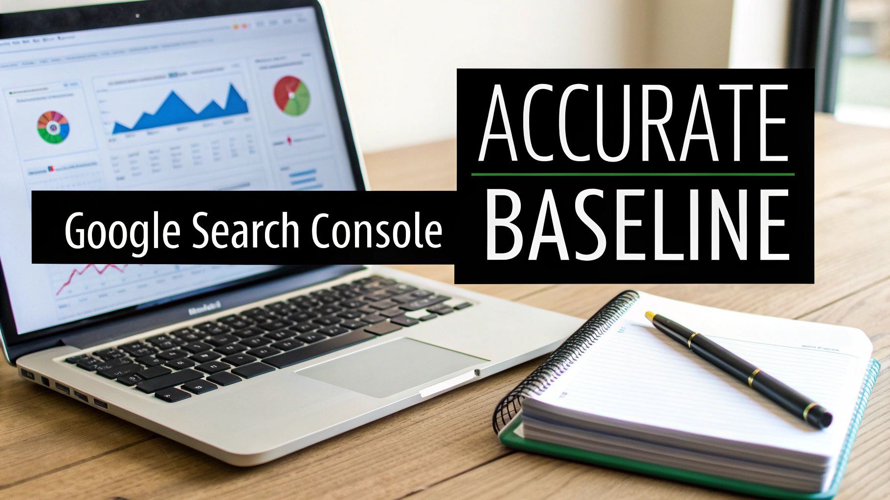 A laptop displaying Google Search Console analytics with charts, alongside a notebook and pen on a wooden desk.