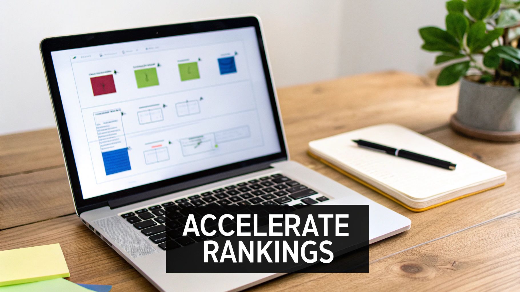 A person using a laptop with charts and graphs showing upward trends, symbolizing accelerated SEO results.