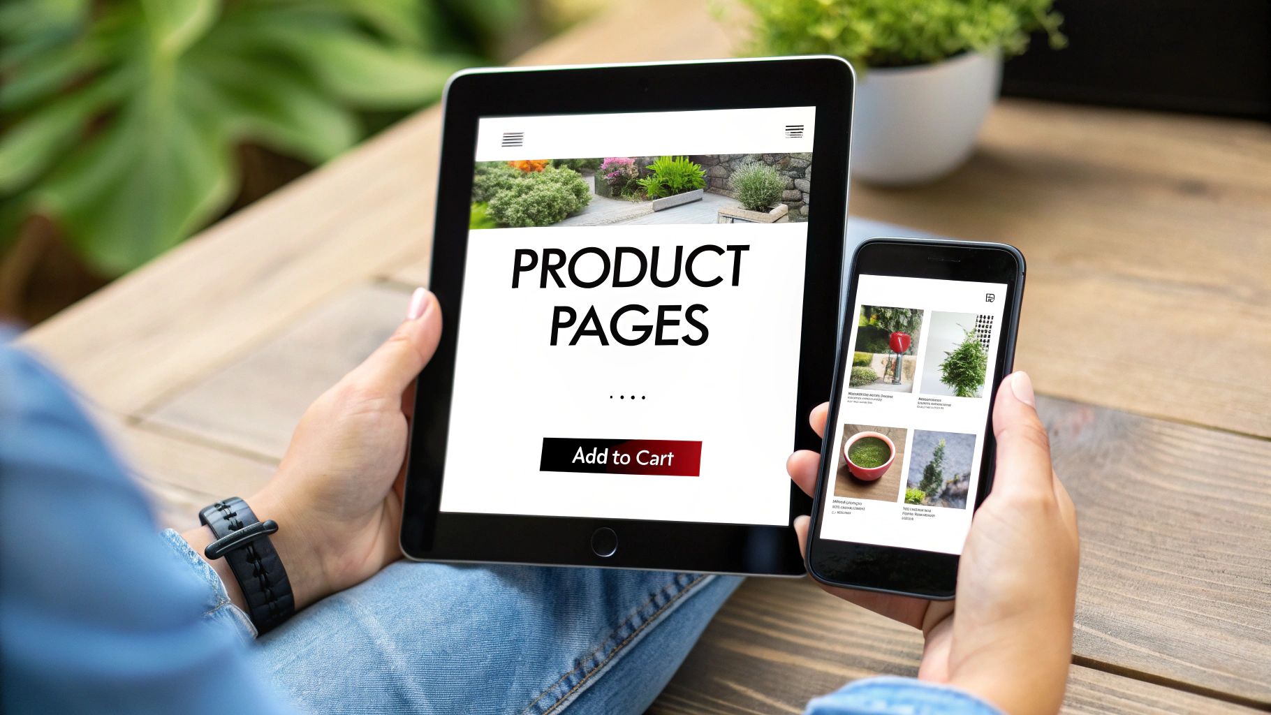 A person views e-commerce product pages on a tablet and smartphone, showcasing online shopping.