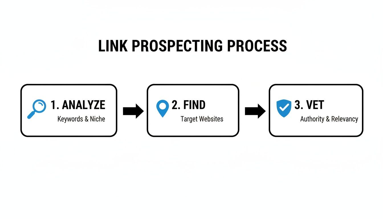 Flowchart outlining the three-step link prospecting process: analyze, find, and vet websites.