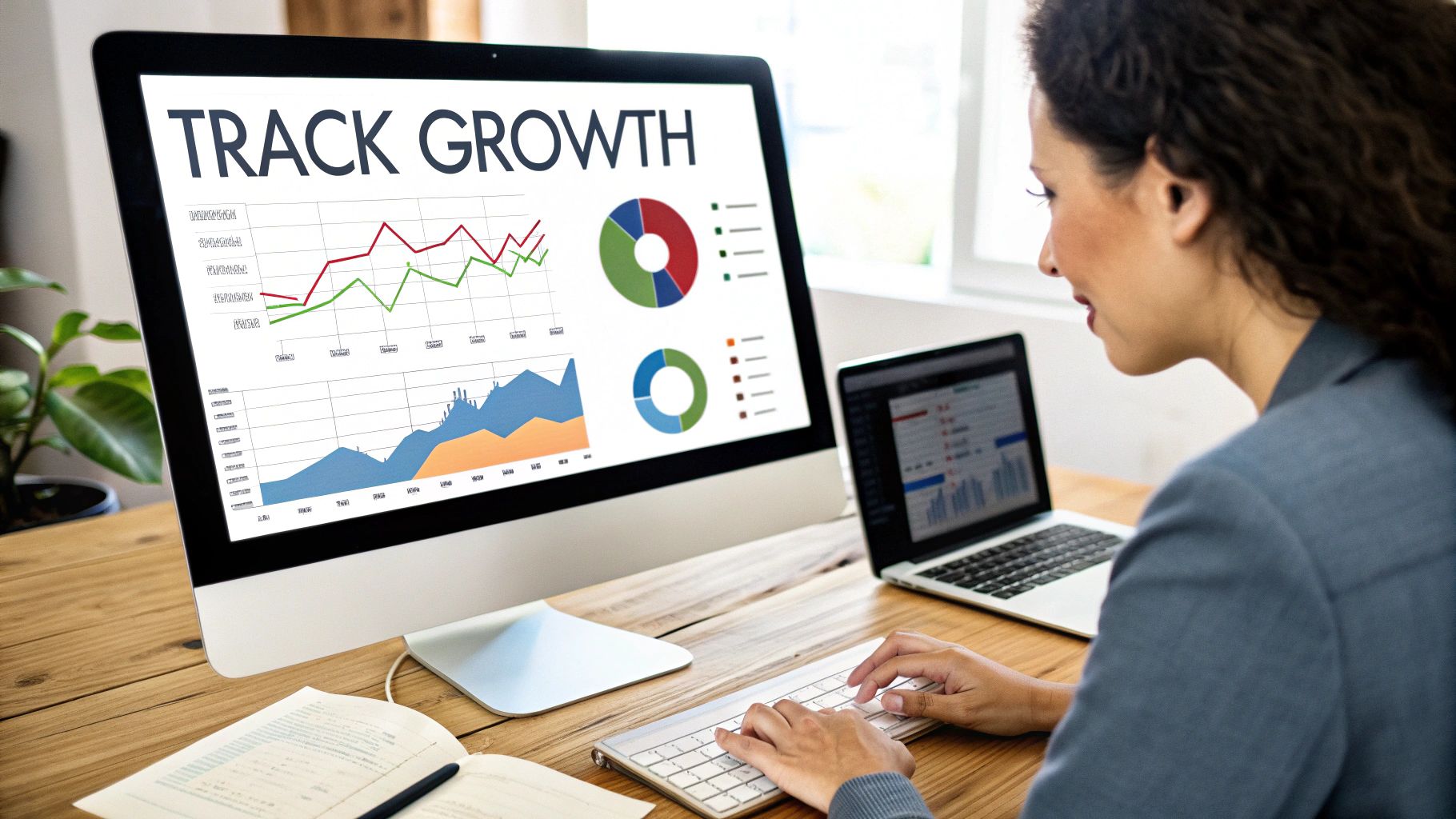 A professional woman tracks business growth on a desktop monitor showing charts and graphs, while typing.