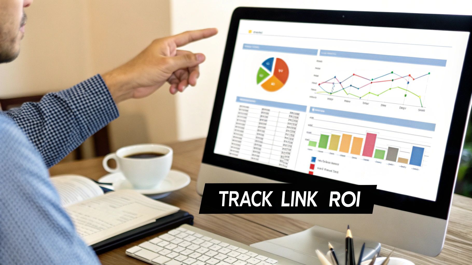 Person analyzing charts and graphs on a monitor, tracking link ROI for ecommerce business insights.
