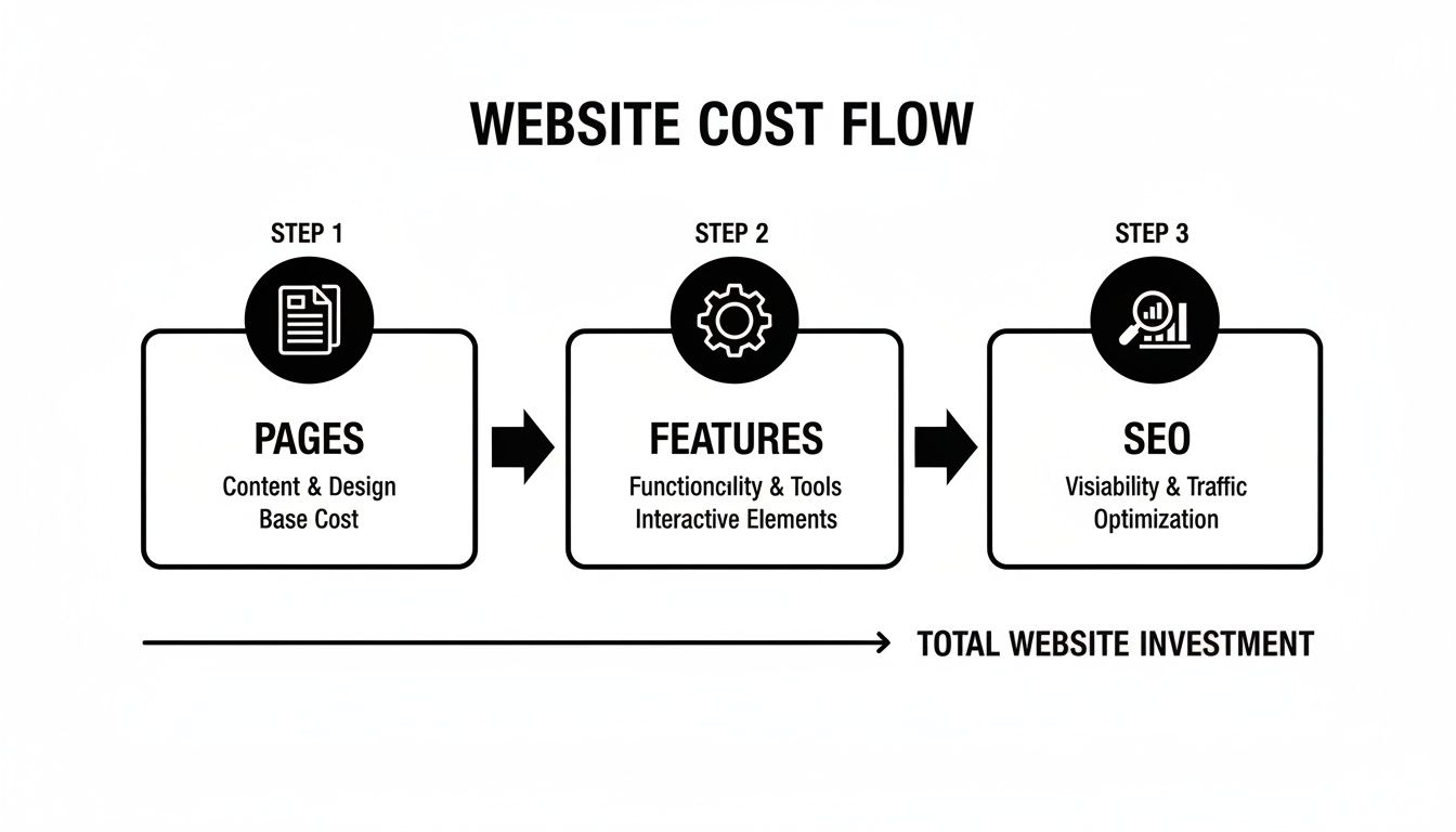 Diagram illustrating website cost flow steps: Pages, Features, and SEO, leading to total website investment.