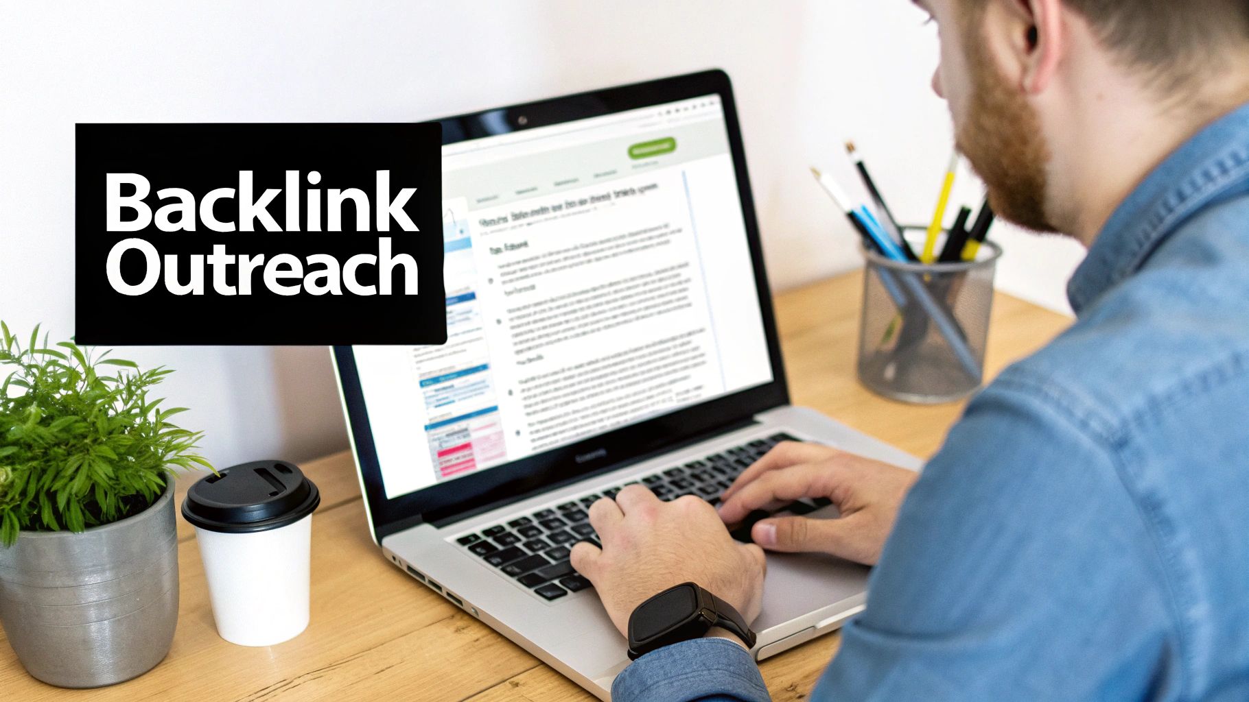A man focused on a laptop screen with 'Backlink Outreach' text, a plant, and coffee cup on a wooden desk.
