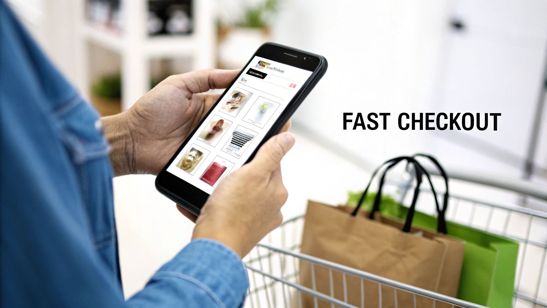 A person shopping on their smartphone with a simplified checkout interface displayed