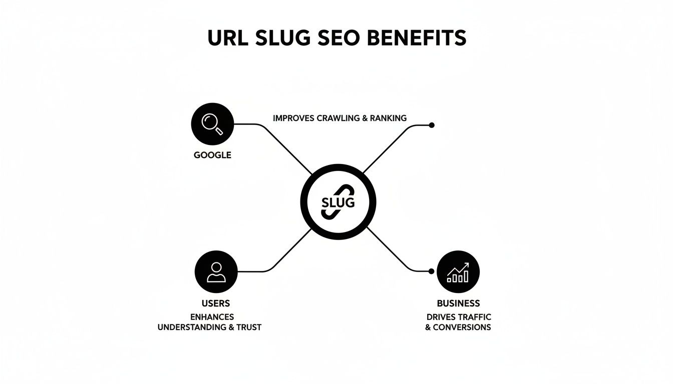 Diagram illustrating URL slug SEO benefits for Google crawling, ranking, user understanding, trust, business traffic, and conversions.