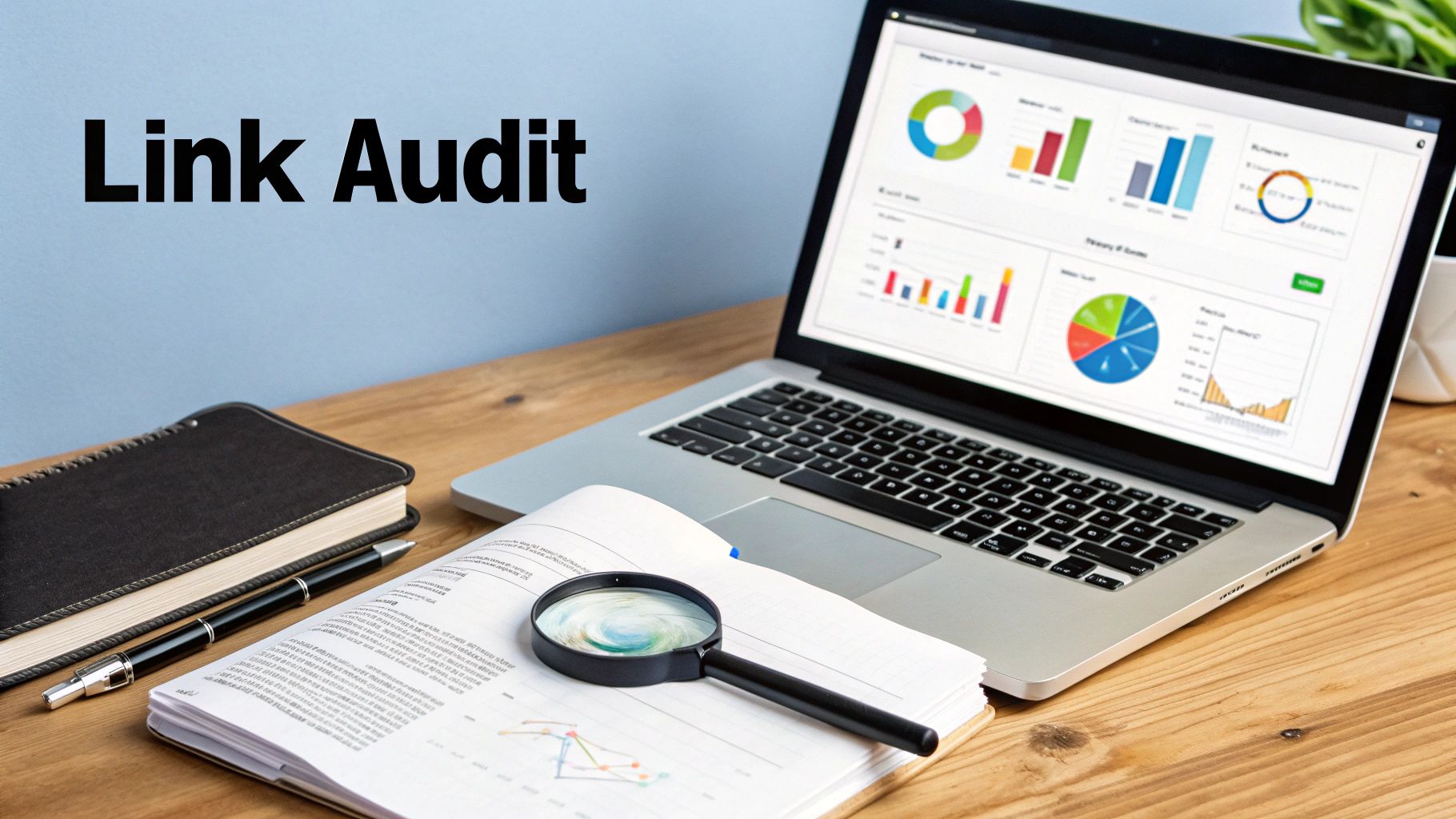 A laptop shows data analysis charts, a notebook, pen, and magnifying glass are on a desk for a link audit.