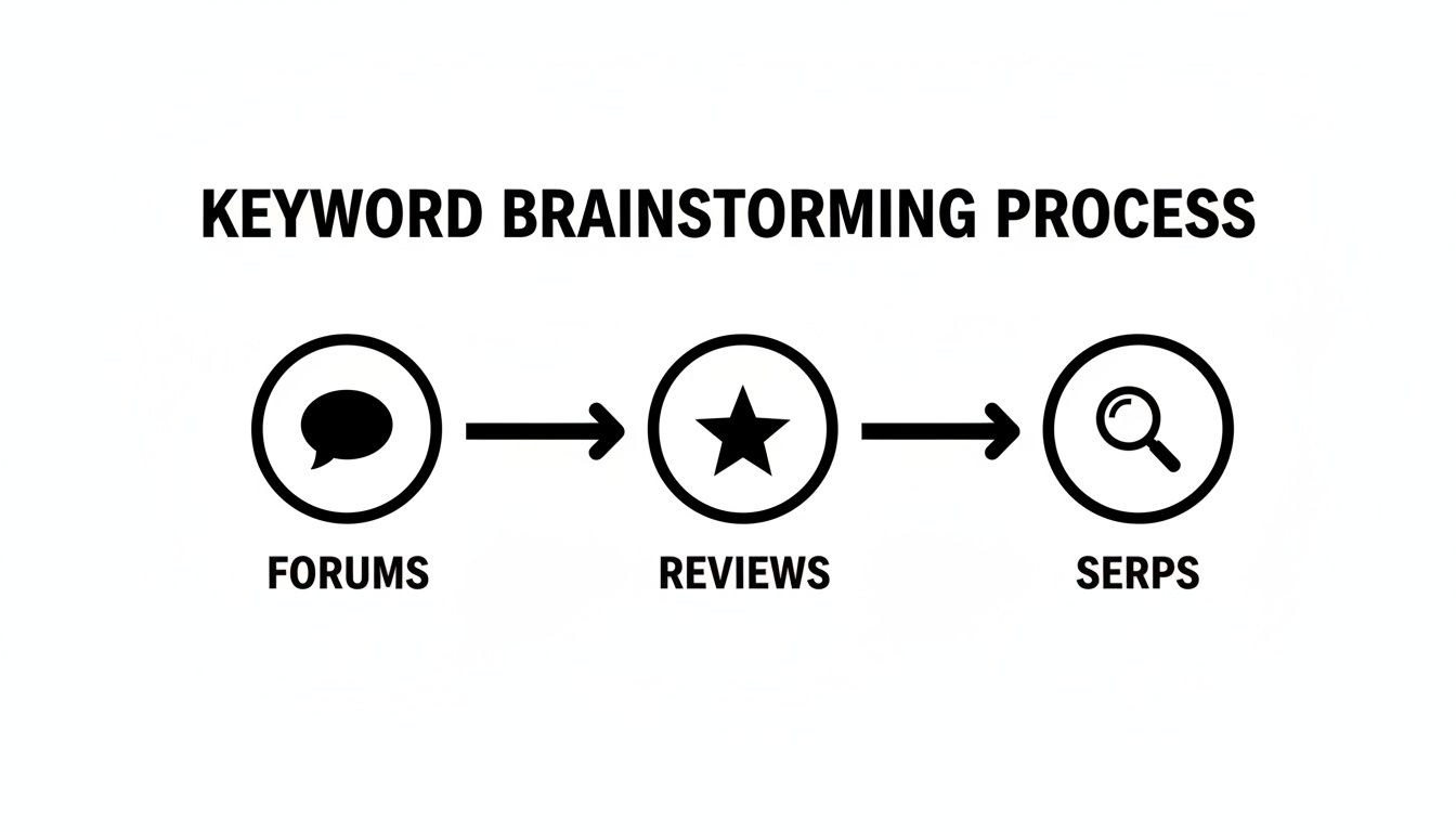 A diagram illustrating the keyword brainstorming process flowing from Forums, to Reviews, and then to SERPS.