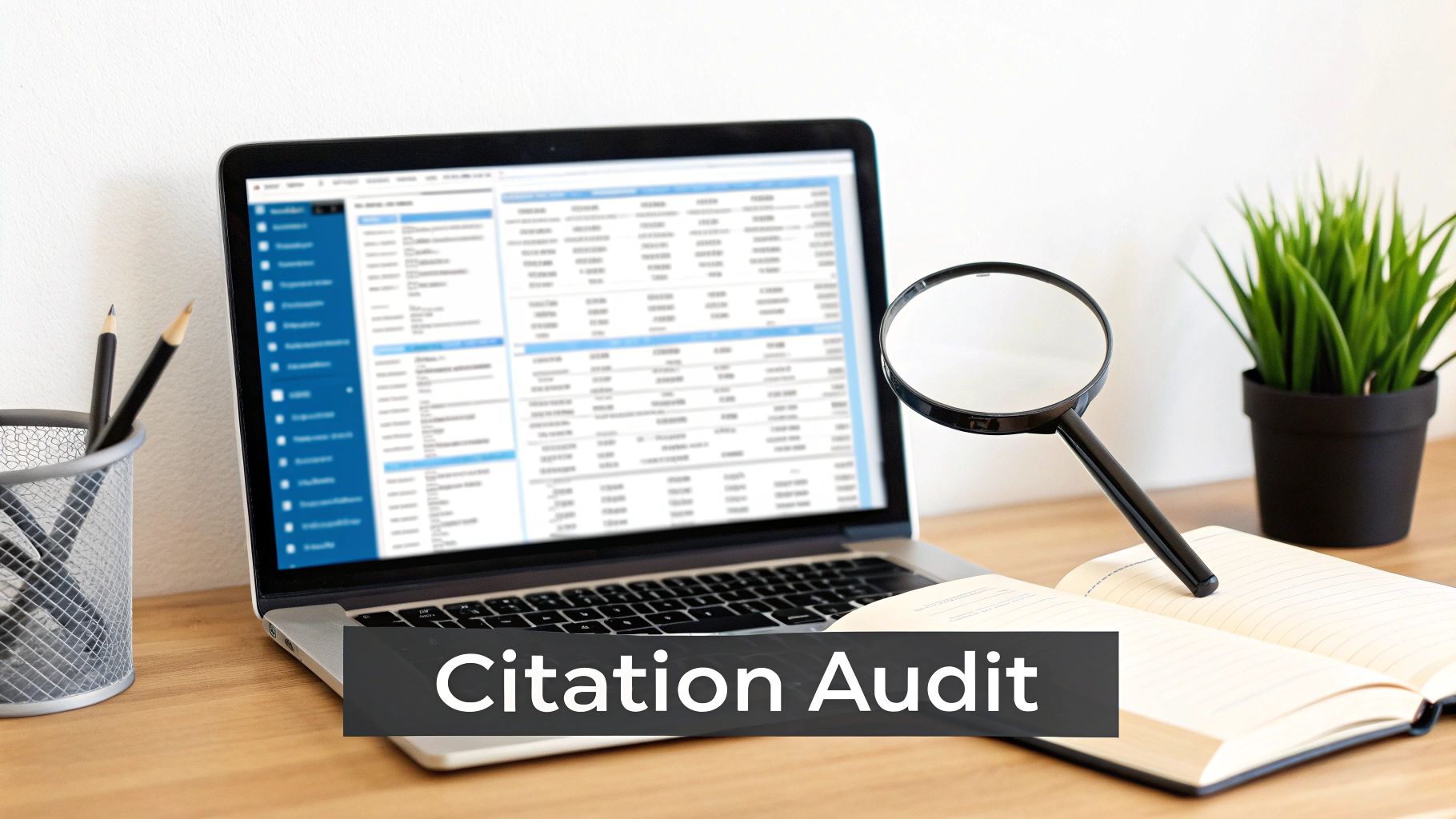 A laptop displaying data tables, a magnifying glass on a notebook, with text 'Citation Audit'.