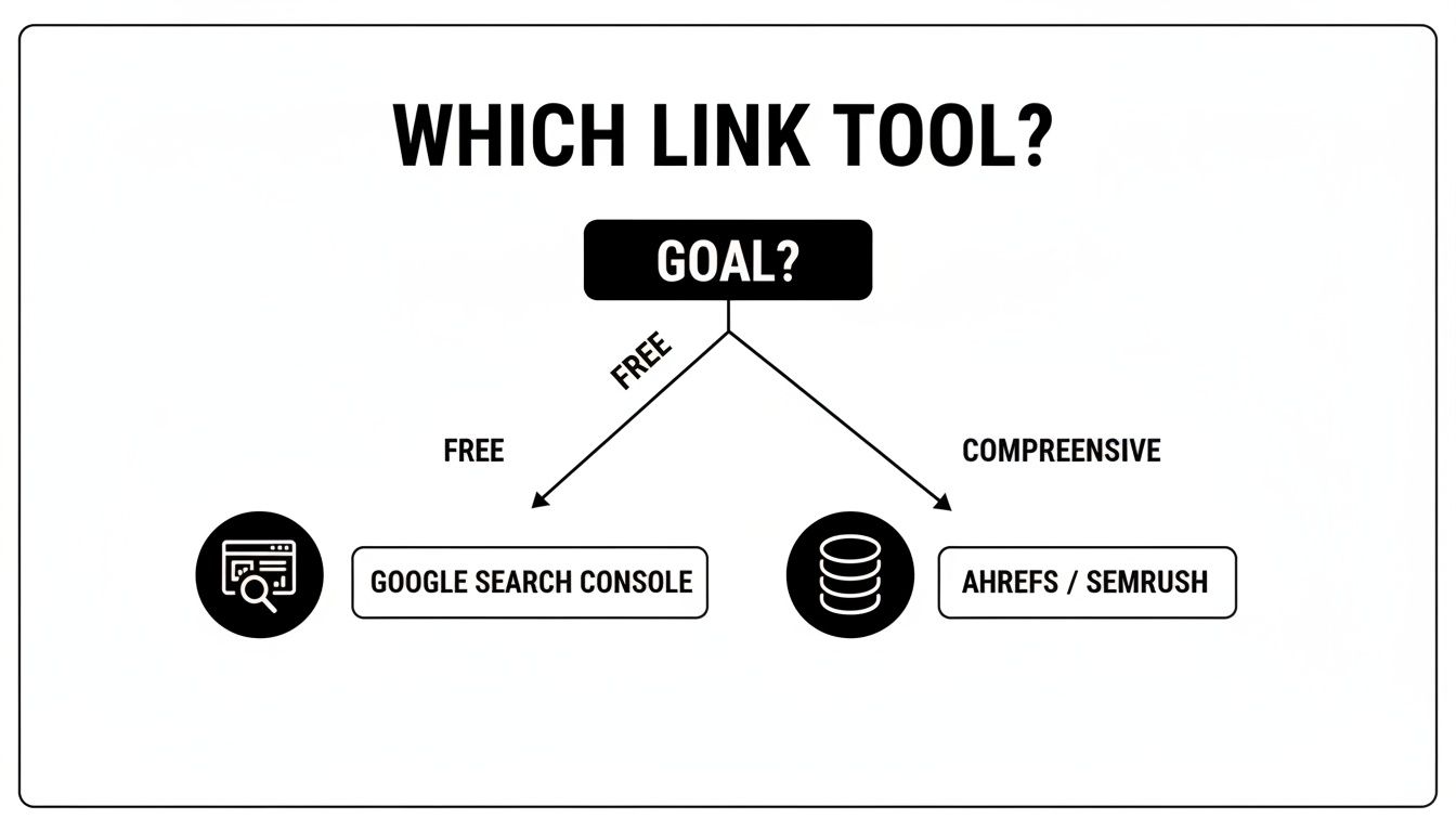 Flowchart illustrating the selection of link tools based on goals: free (Google Search Console) or comprehensive (Ahrefs/Semrush).
