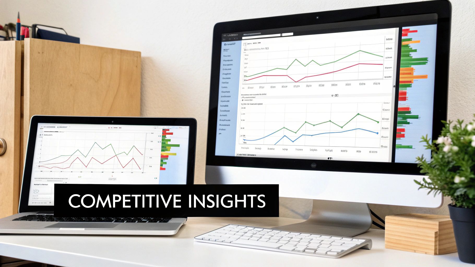Two computer screens displaying line graphs and bar charts for competitive insights.