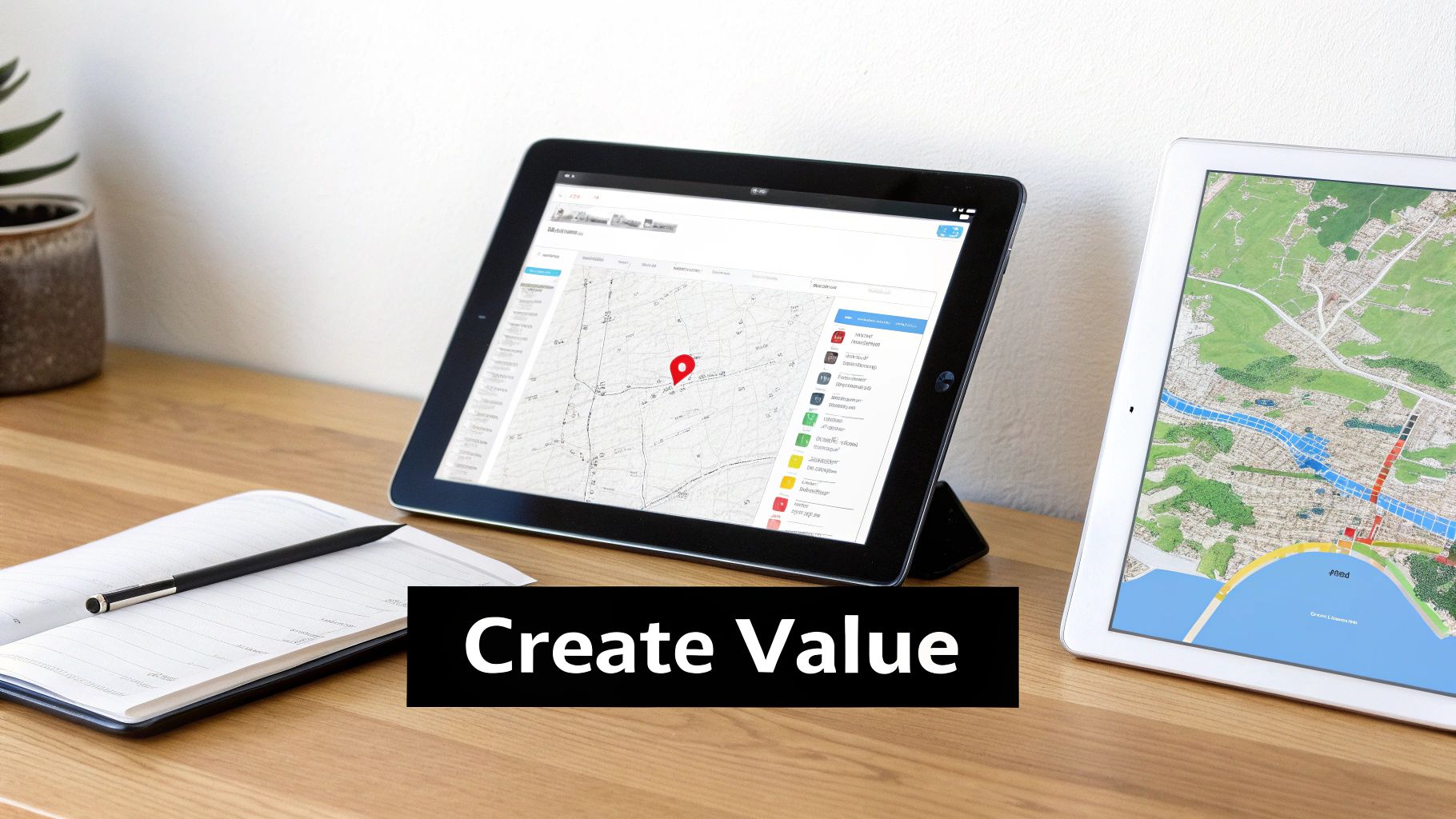 Two tablets on a wooden desk display maps, with a notebook, pen, and plant nearby.