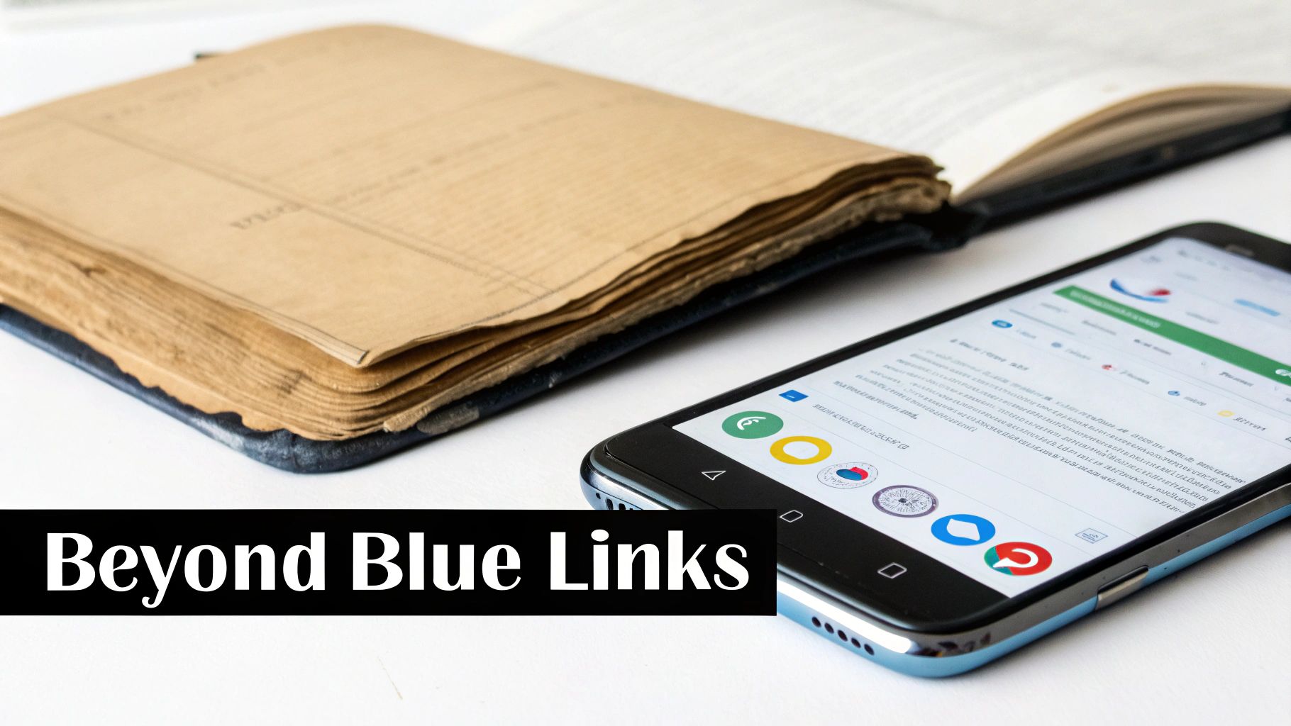 An old, open book with aged pages sits beside a modern smartphone displaying various applications.