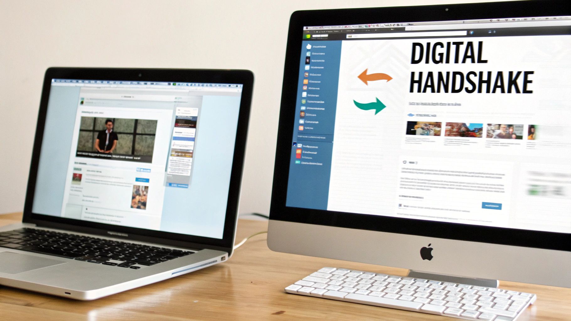 Two computers on a desk displaying web pages, one with 'DIGITAL HANDSHAKE' and arrows.