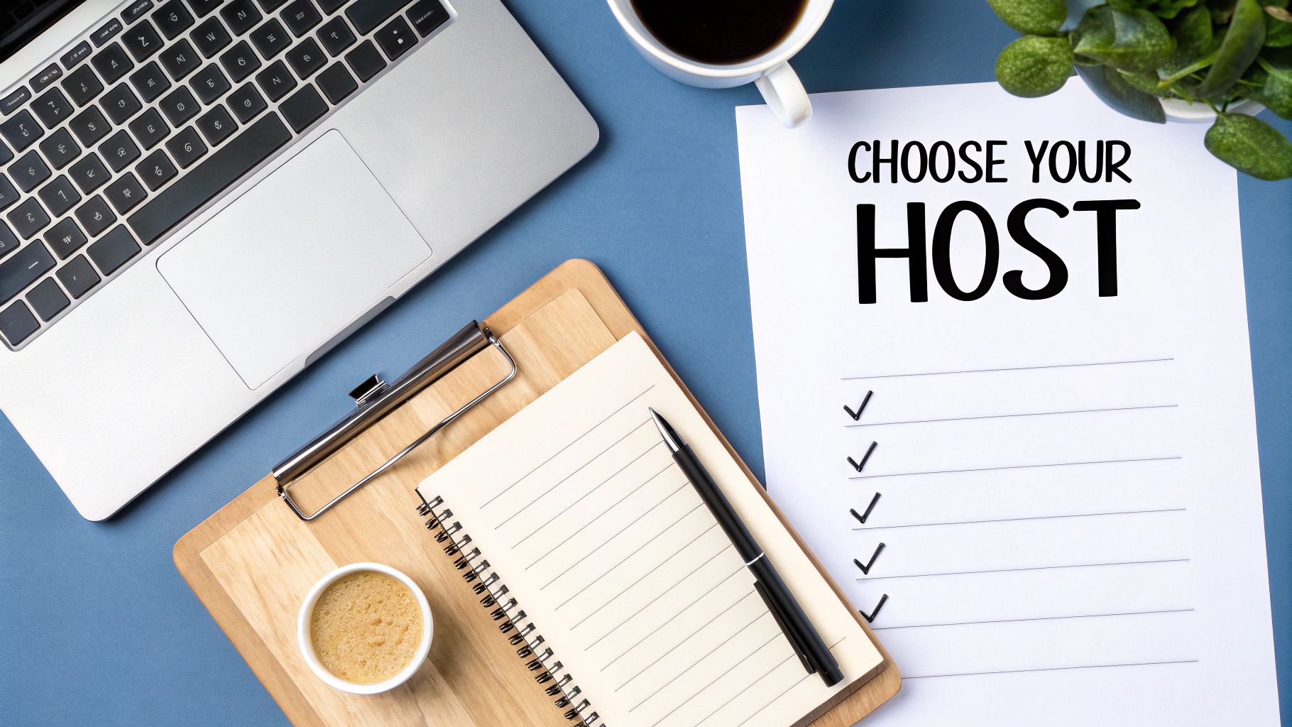 A person at a desk analyzing website hosting options on a laptop, with charts and checklists visible.