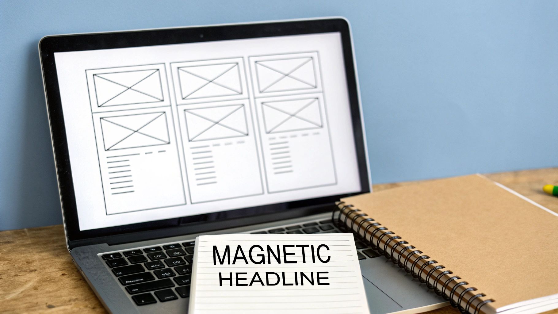 A laptop screen displays website wireframes, alongside a notepad with 'MAGNETIC HEADLINE' and a brown spiral notebook.