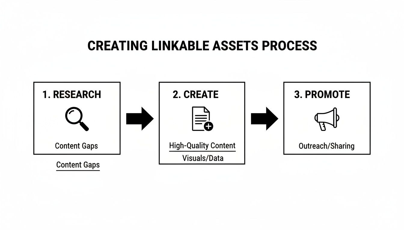 A flowchart showing the three-step linkable assets process: research, create, and promote.