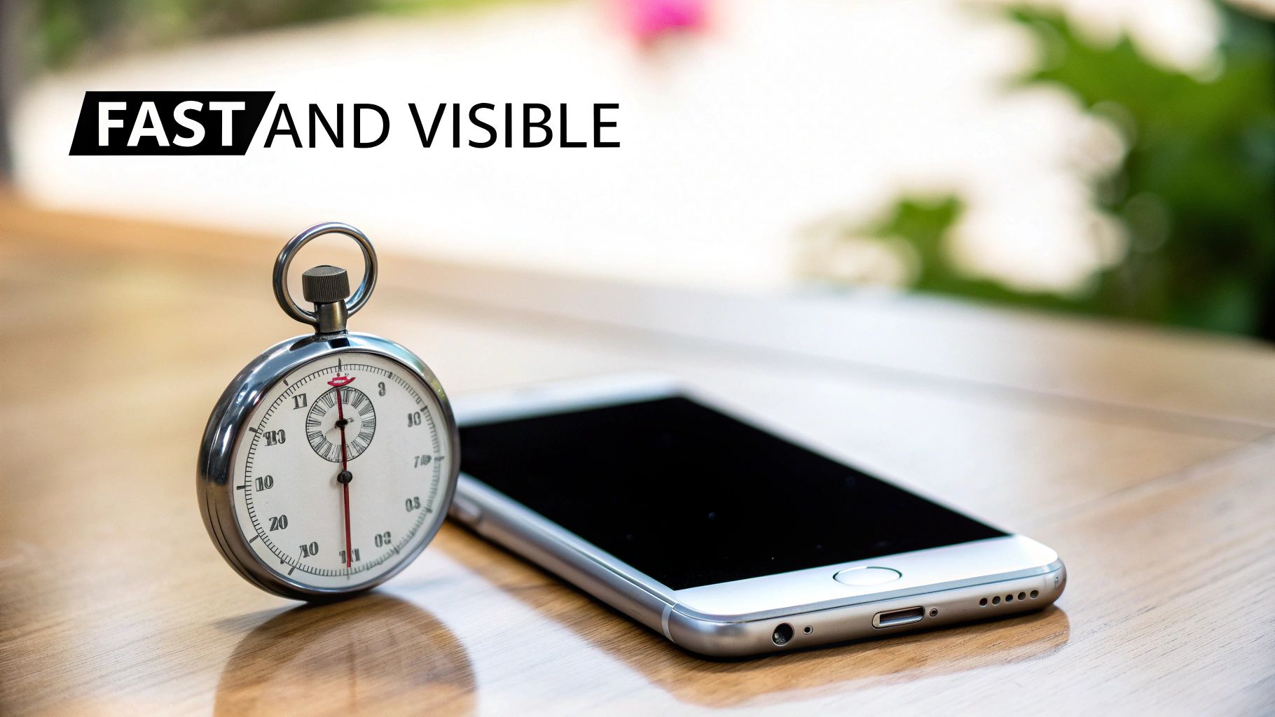 A vintage stopwatch stands next to a modern smartphone on a wooden table with 'FAST AND VISIBLE' text.