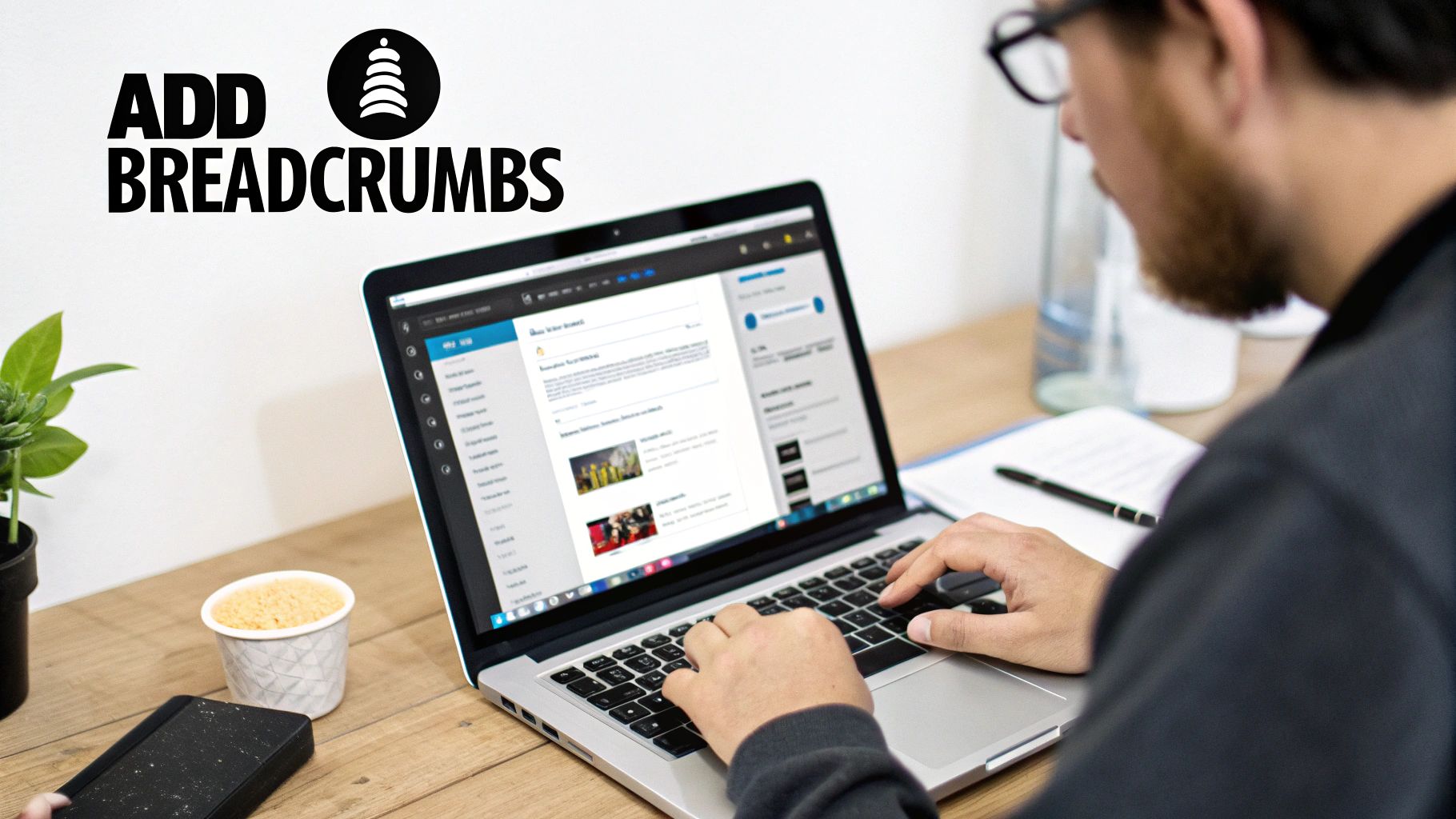 A person works on a laptop, displaying web content, with 'ADD BREADCRUMBS' overlay.