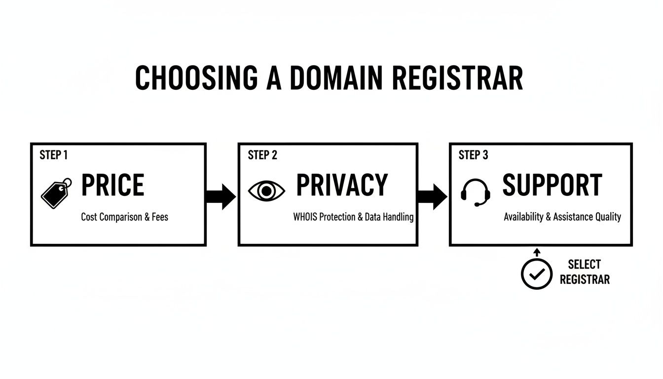 Visual guide outlining three key steps to select a domain registrar: price, privacy, and support.