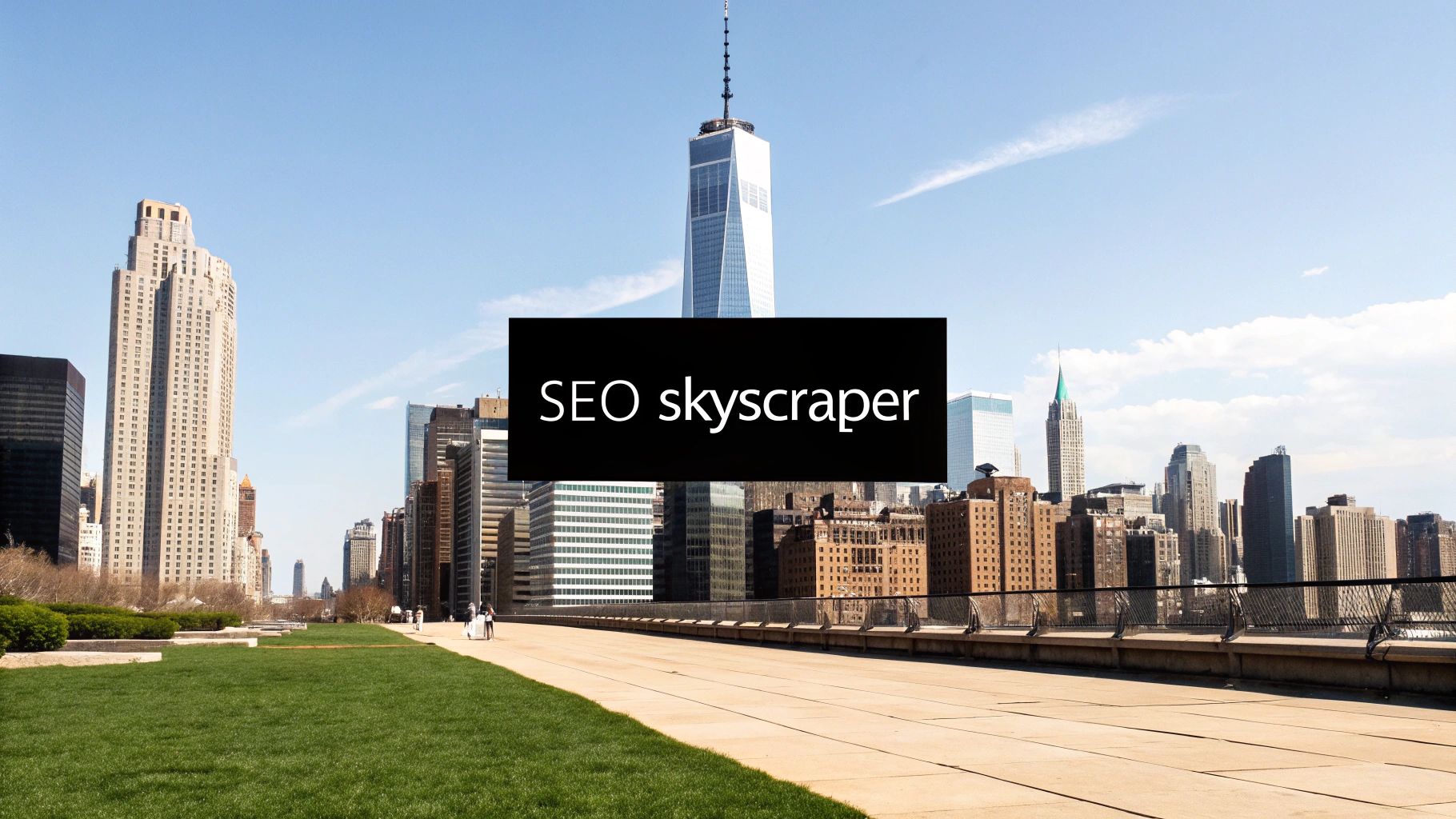 A New York City cityscape with towering skyscrapers, including One World Trade Center, and a park, illustrating the SEO skyscraper concept.