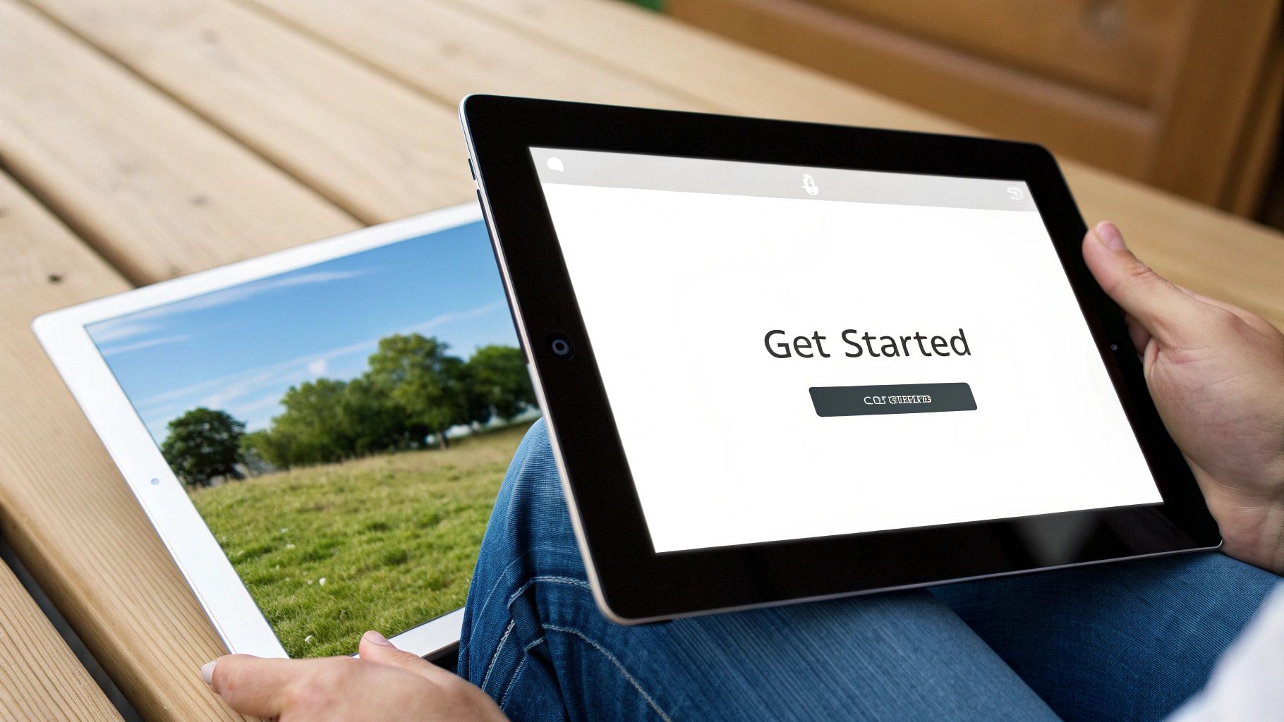 A person holds a black tablet showing a 'Get Started' screen, next to a white tablet with a landscape image.