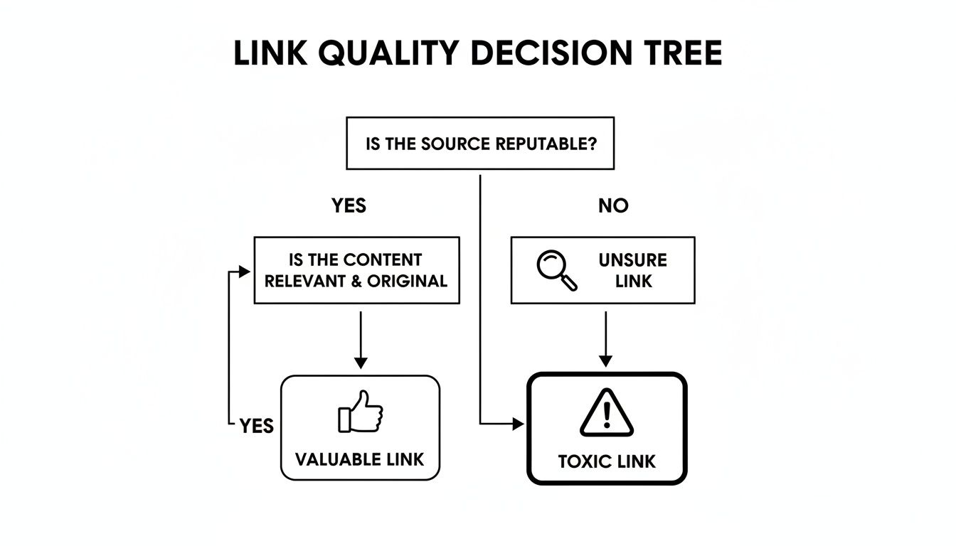 Decision tree illustrating how to assess link quality, distinguishing valuable from toxic links.