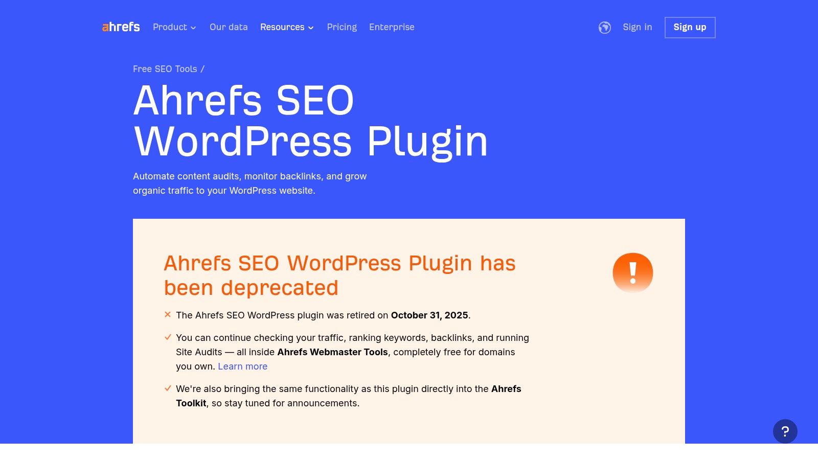 Ahrefs – WordPress SEO Plugin Page