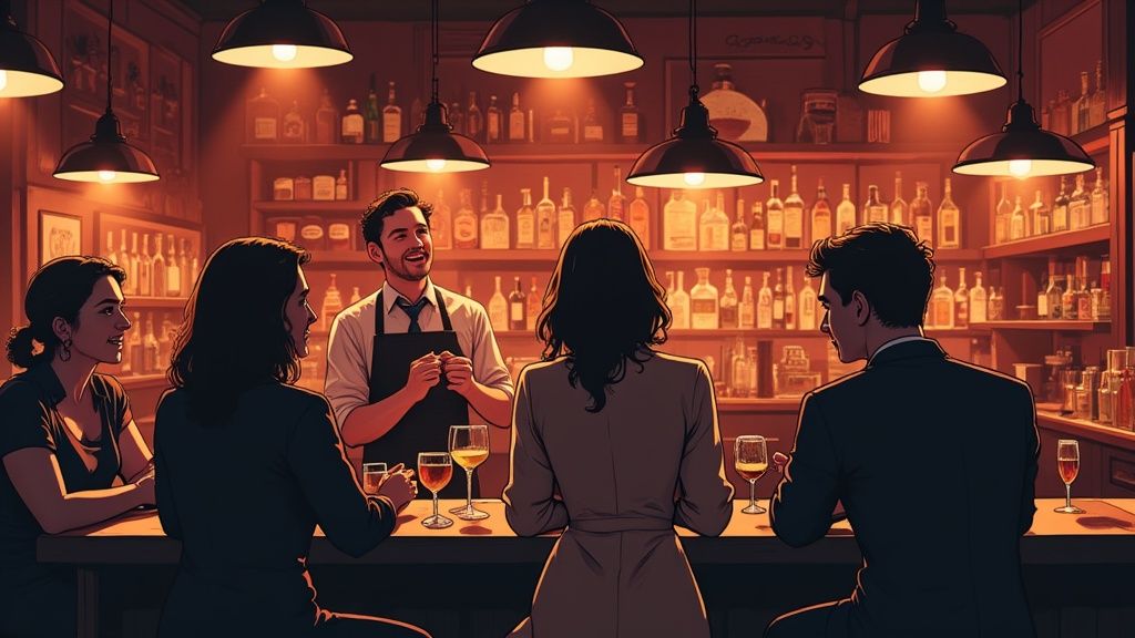 A bartender is skillfully preparing a cocktail in a beautifully lit bar, creating a unique experience for the customer.