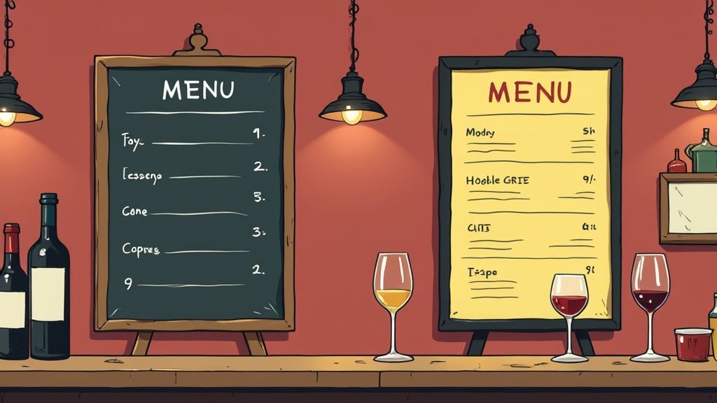 A modern bar with several digital signs advertising drink specials and events.