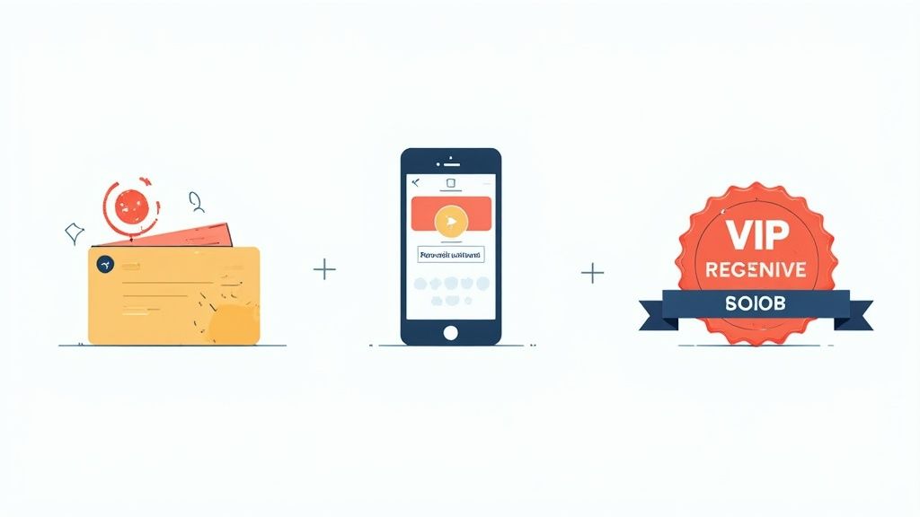 Illustration showing a wallet, a smartphone app, and a VIP badge, symbolizing customer rewards and loyalty programs.