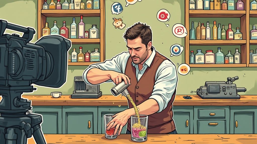 A bartender expertly pouring a colorful cocktail into a stylish glass, with the bar's ambient lighting in the background.