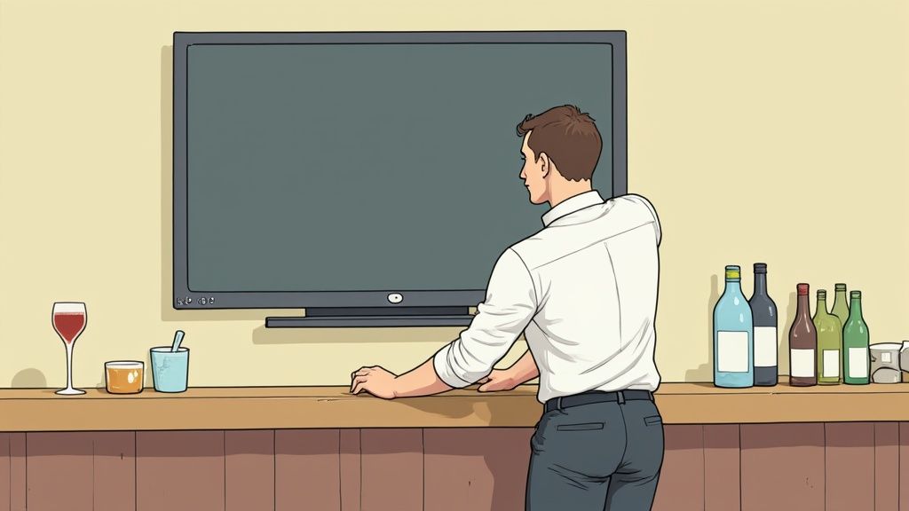 A staff member uses a tablet to update content on digital signs in a modern bar setting.