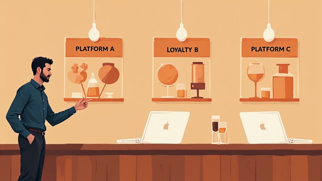 A man points at displays labeled "Platform A", "Loyalty B", and "Platform C" with laptops on a counter.