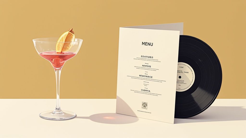 A stylish bar with a distinctive logo and inviting interior lighting.