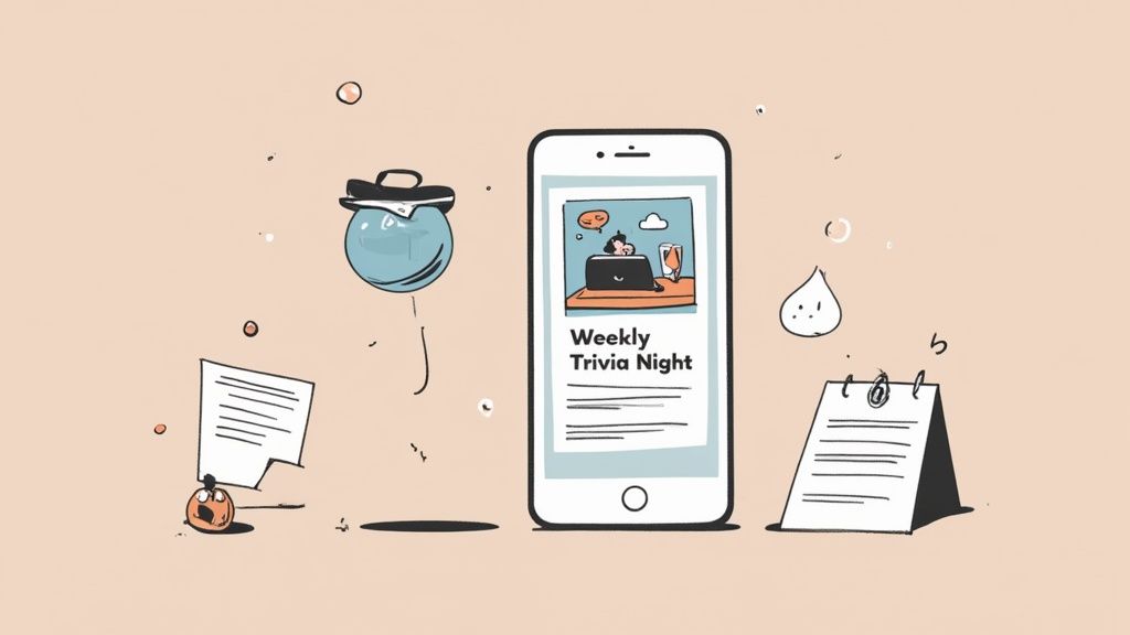 A smartphone displaying 'Weekly Trivia Night' content, surrounded by doodles like a calendar and balloon.