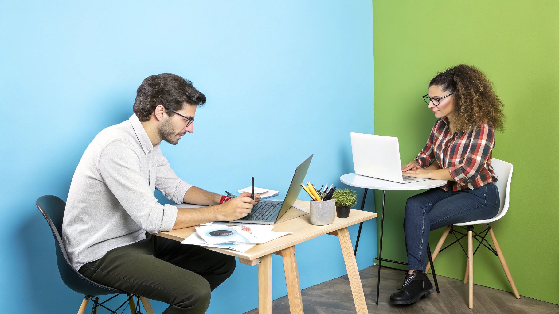 שני עובדים מתמקדים בעבודתם על מחשבים ניידים במשרד צבעוני, אחד מצייר דיגיטלית.