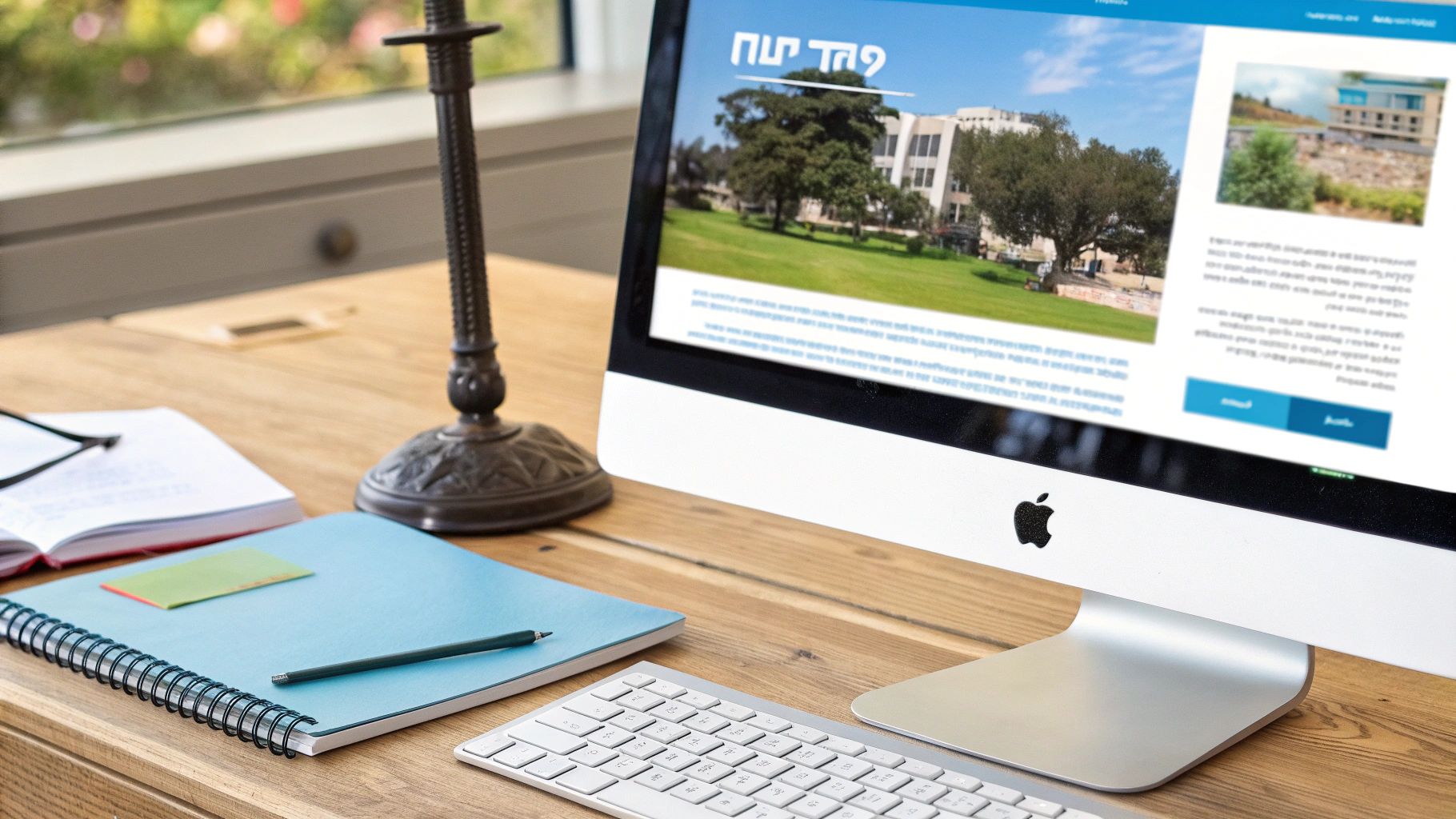 שולחן עבודה מסודר עם מחשב iMac המציג אתר אינטרנט בעברית, מקלדת, מנורה, מחברות וכלי כתיבה, ליד חלון מואר.