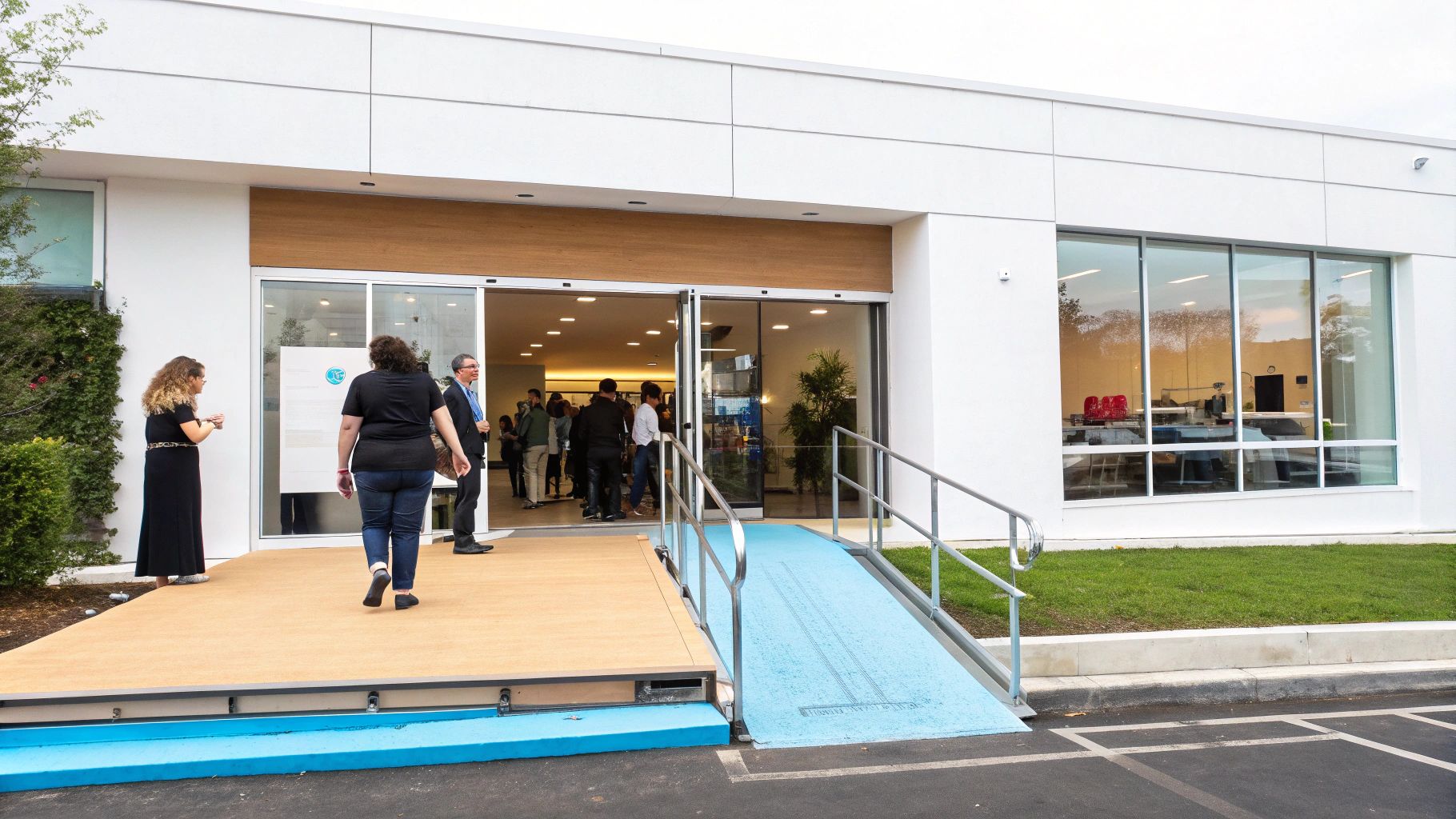כניסה נגישה למבנה עם רמפה כחולה ומעקה בטיחות, אנשים נכנסים דרך דלתות זכוכית אוטומטיות