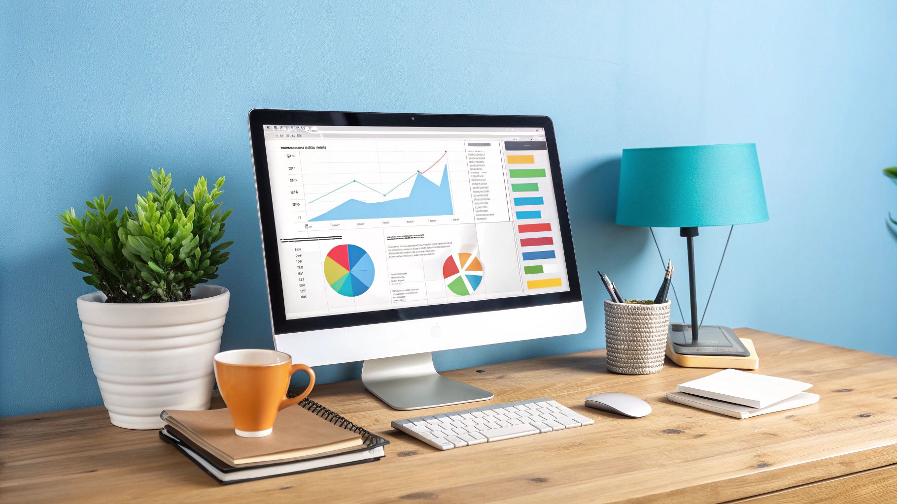 שולחן עבודה מודרני עם מחשב המציג גרפים, עציץ, ספל קפה ומנורה כחולה על רקע קיר כחול.