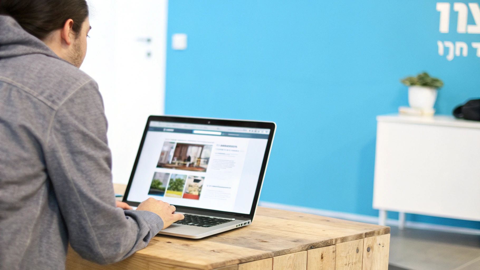 אדם עובד על מחשב נייד ומתכנן חווית משתמש באתר אינטרנט במשרד מודרני