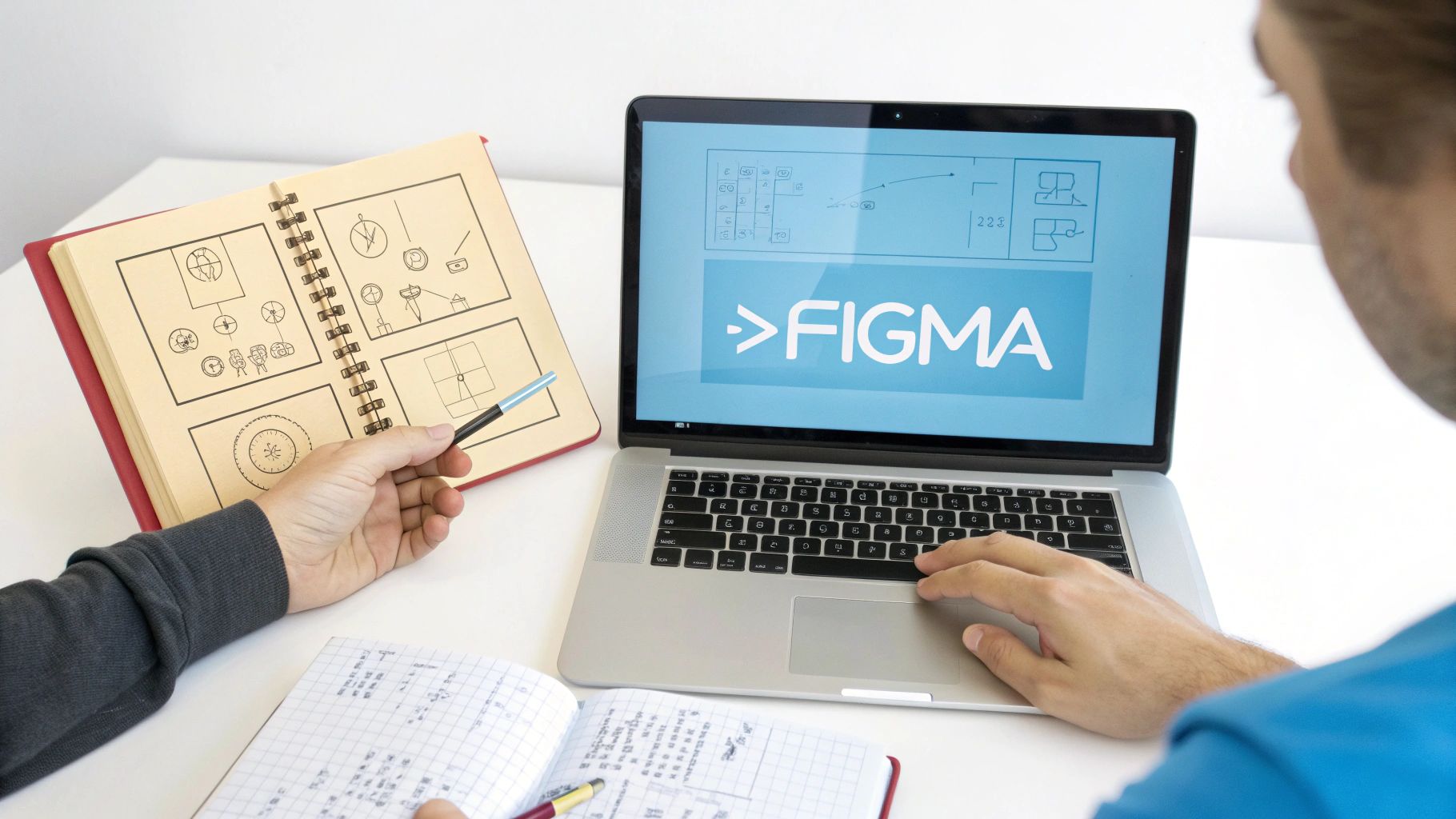 ידיים עובדות על עיצוב UI/UX: סקיצות במחברת ומסך מחשב עם Figma.